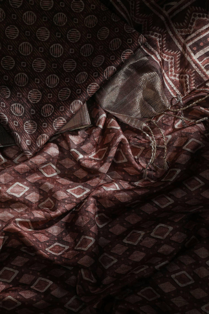 Stylish Brown Colored Cotton Linen Designer Printed Saree