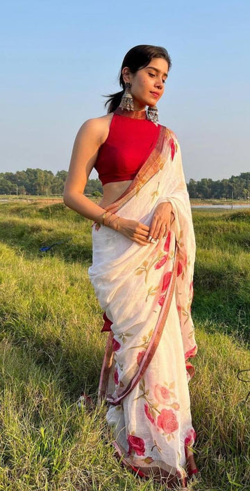 Stylish White Digital Printed Linen Saree