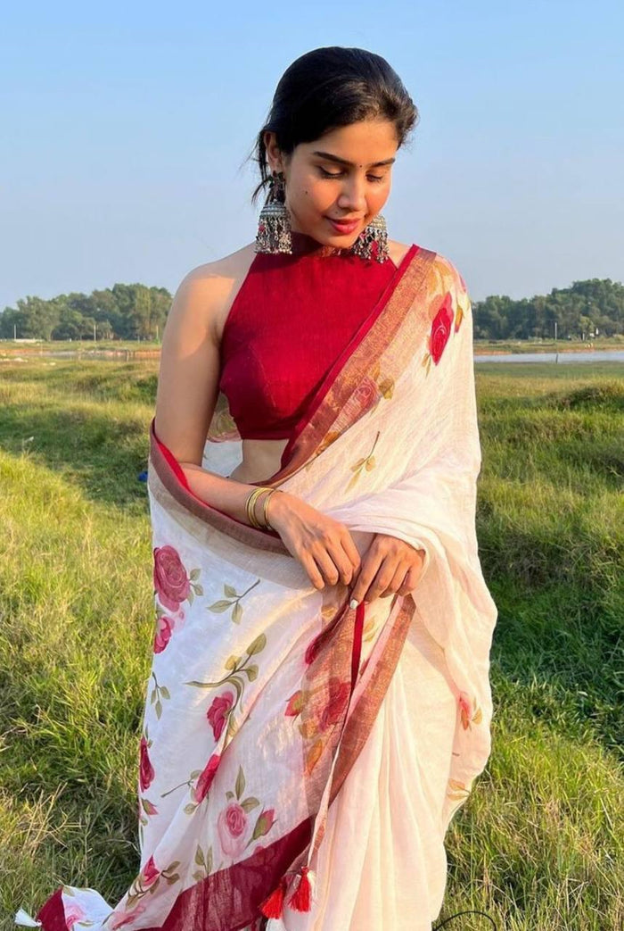 Stylish White Digital Printed Linen Saree