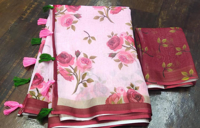 Stylish White Digital Printed Linen Saree