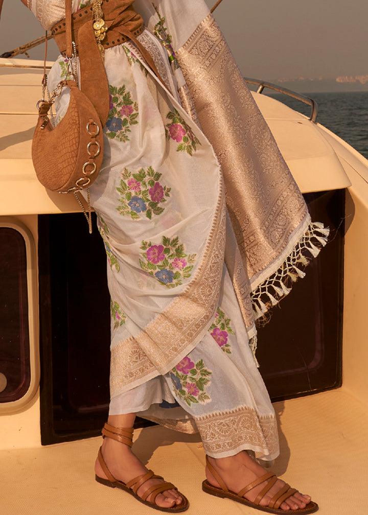 Trendy Off-White Colored Printed Pure Soft Silk Saree - Ibis Fab