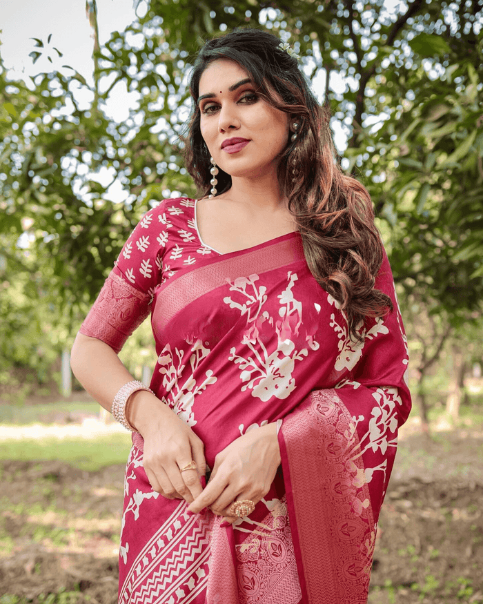 Trendy Rani Pink Colored Jacquard Silk Saree