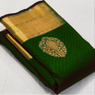 Wedding Wear Ladies Dark Green Jacquard Saree - Ibis Fab