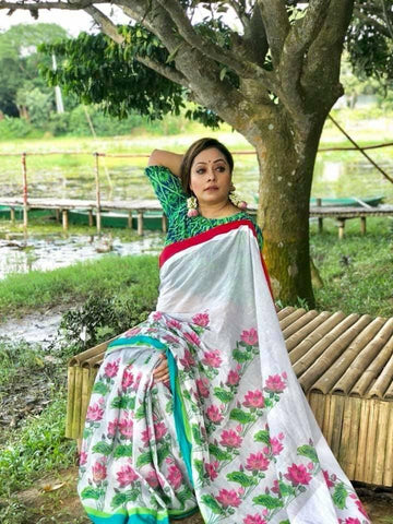 White and Green colored Linen Designer Printed Saree