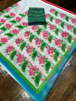 White and Green colored Linen Designer Printed Saree - Ibis Fab