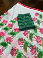White and Green colored Linen Designer Printed Saree - Ibis Fab