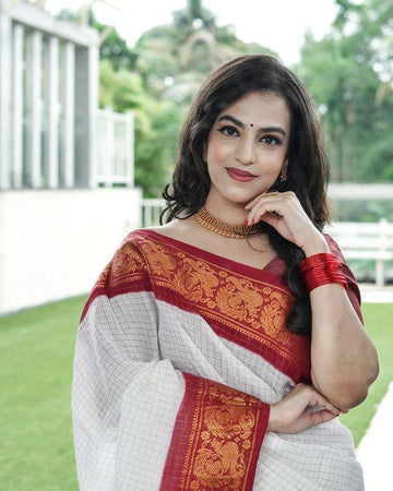 White And Red Checks Weaving Soft Silk Saree