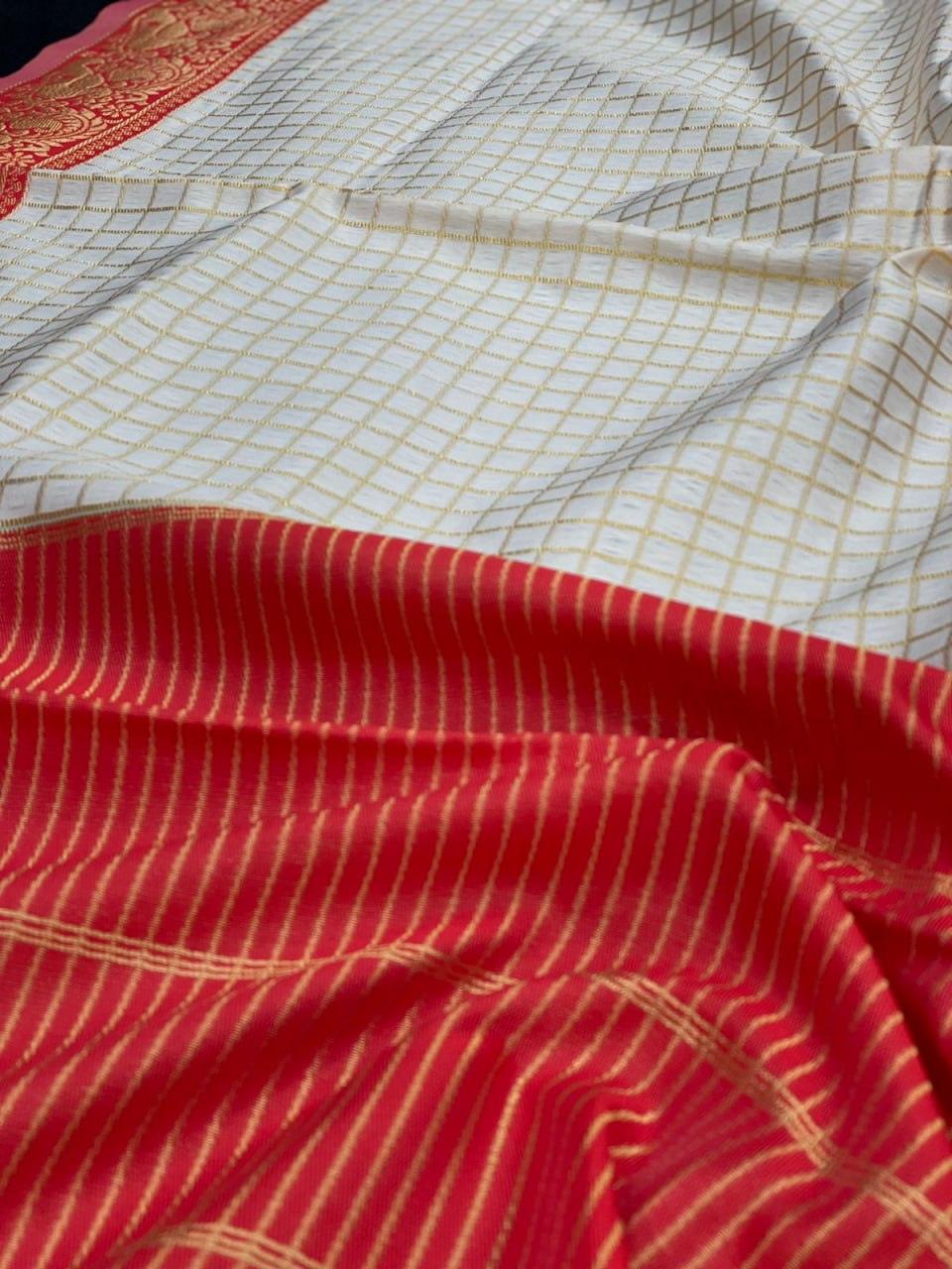 White And Red Checks Weaving Soft Silk Saree - Ibis Fab