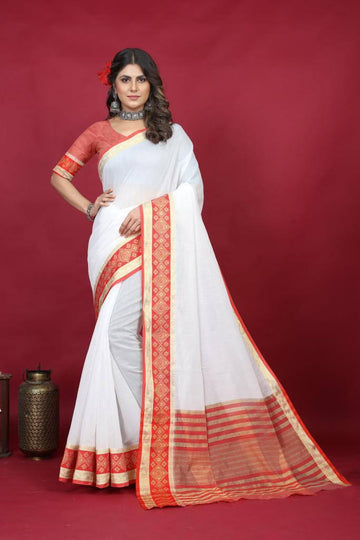 White And Red Color Digital Printed Saree With Blouse