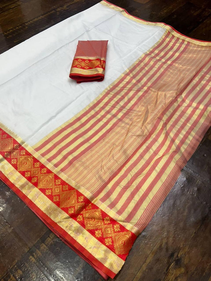 White And Red Color Digital Printed Saree With Blouse
