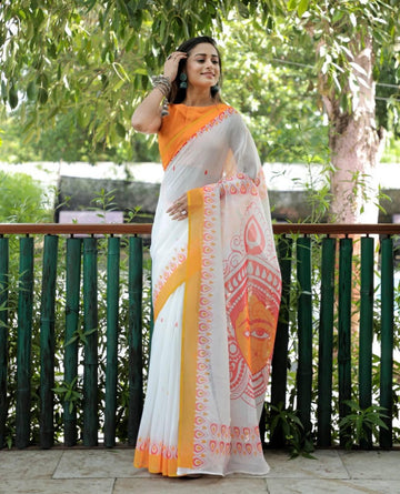 White Color Linen Digital Printed Saree