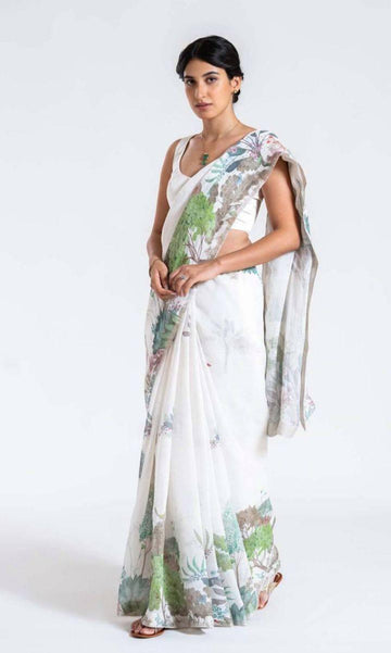 White Color Linen Fabric Saree with Blouse