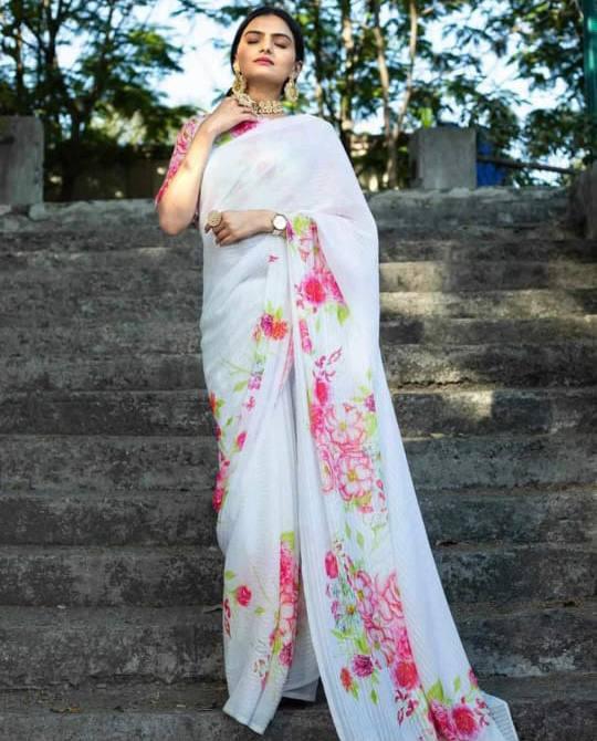 white colour original linen saree - Ibis Fab