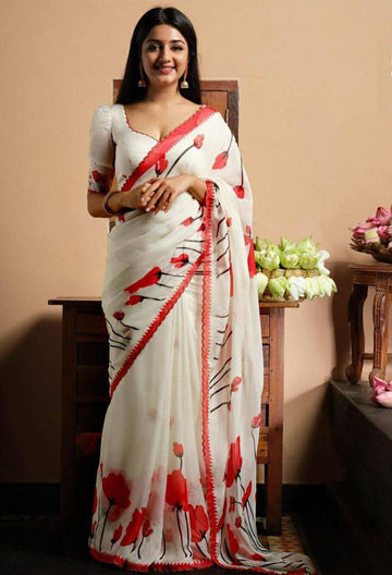 White digital printed flower Linen saree