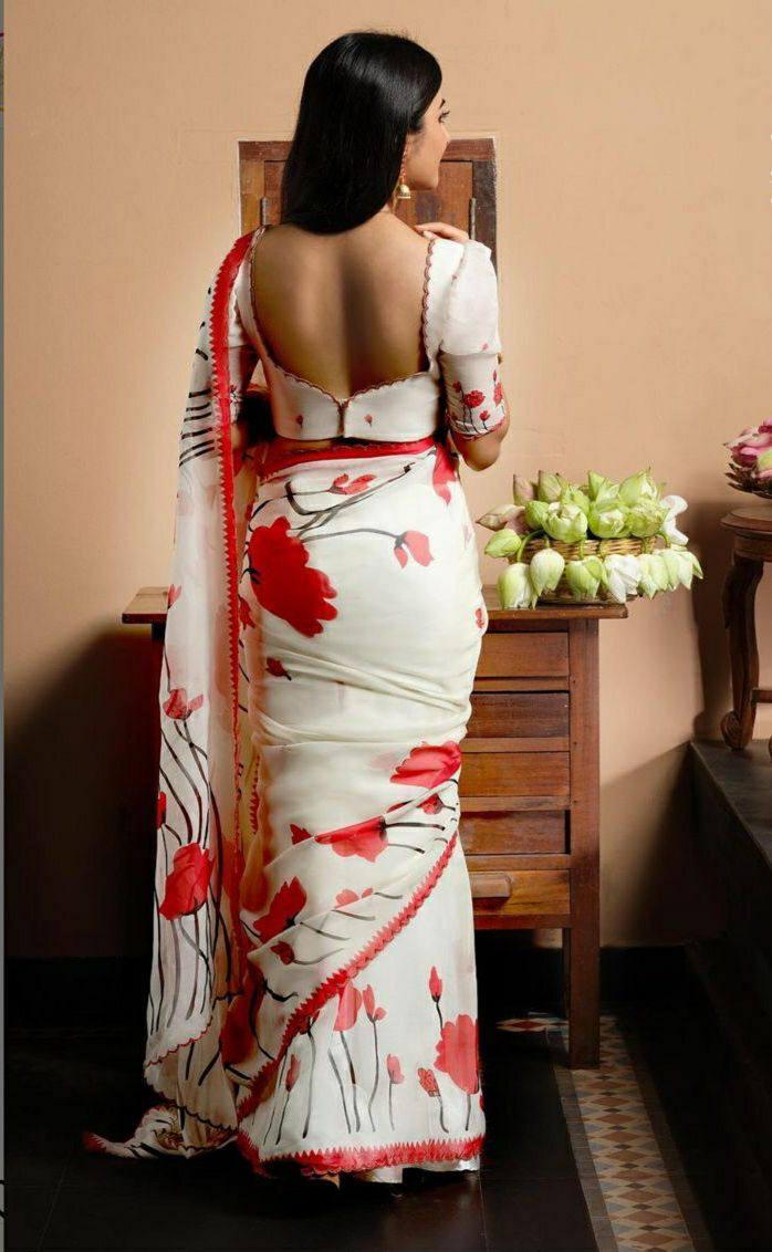 White digital printed flower Linen saree