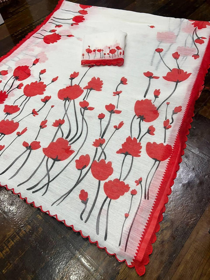 White digital printed flower Linen saree