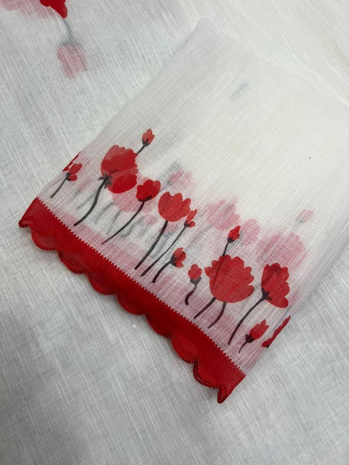 White digital printed flower Linen saree