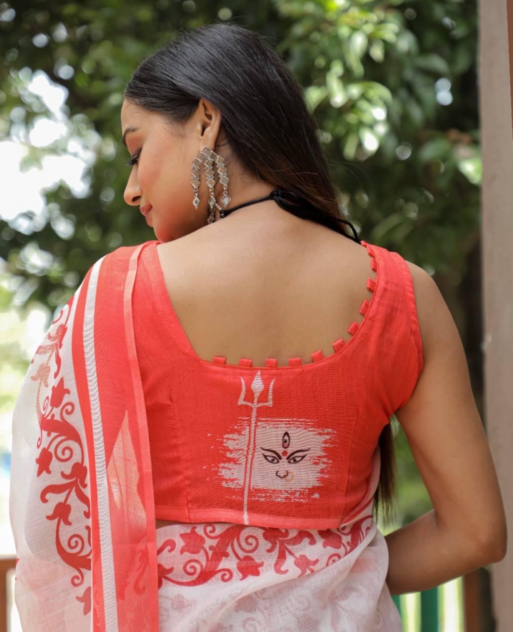 Women's Digital Linen Red And White Beautiful Saree with Blouse - Ibis Fab