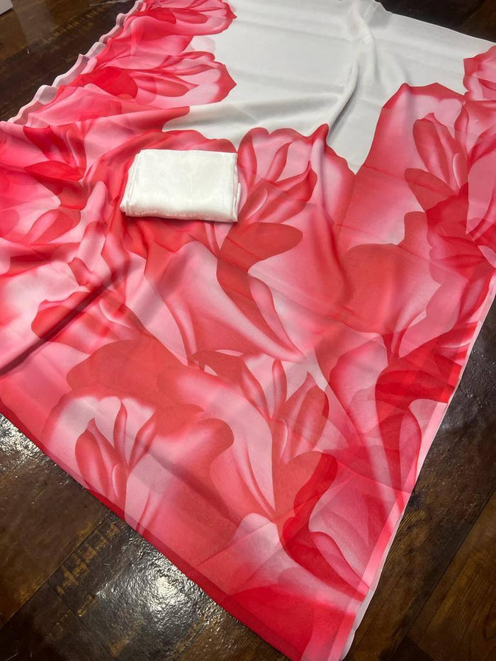 Women's White Red Bollywood Style Digital Printed Saree