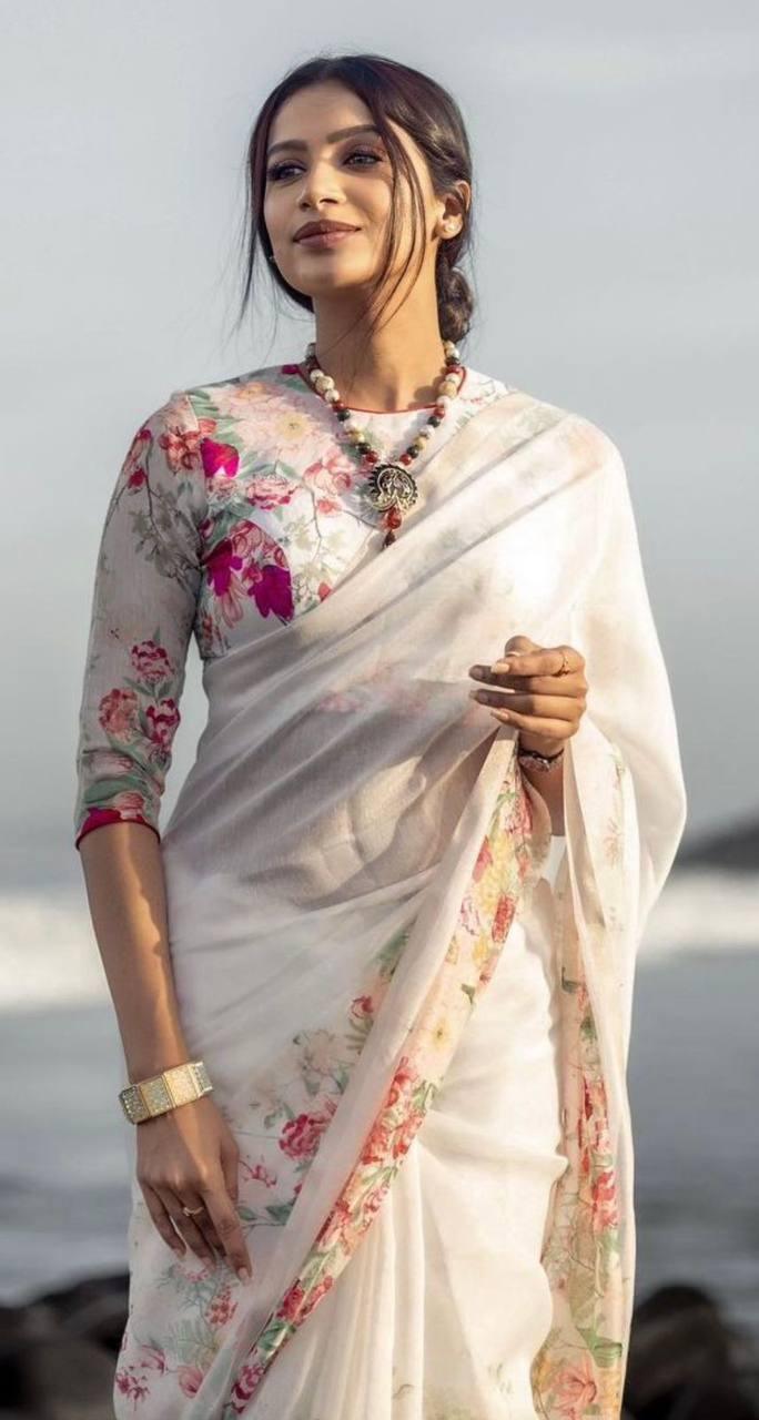 Women`s New Linen Digital Printed Saree with Blouse