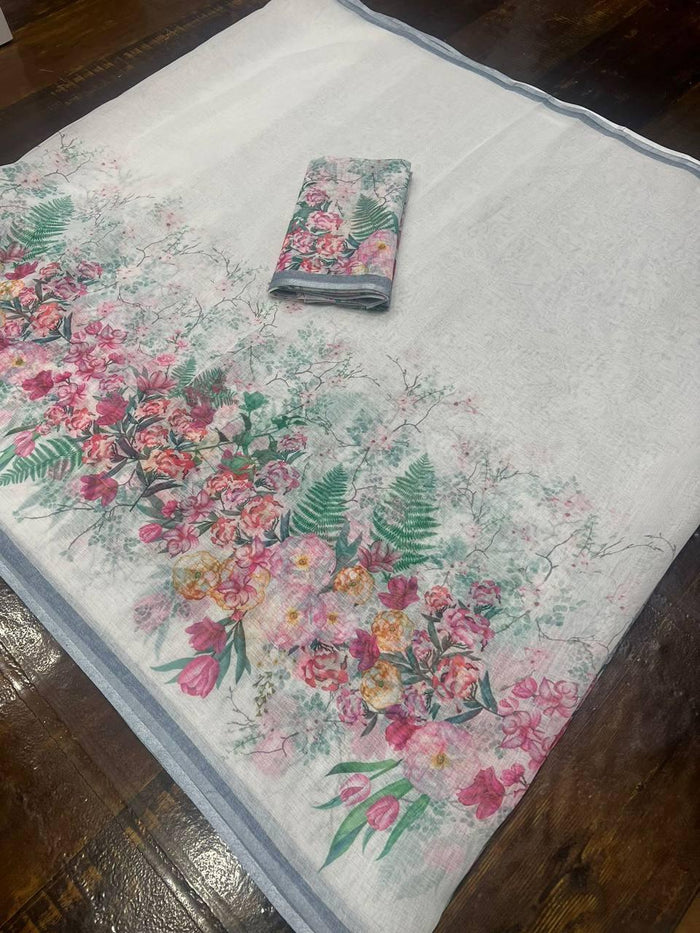 Women`s New Linen Digital Printed Saree with Blouse