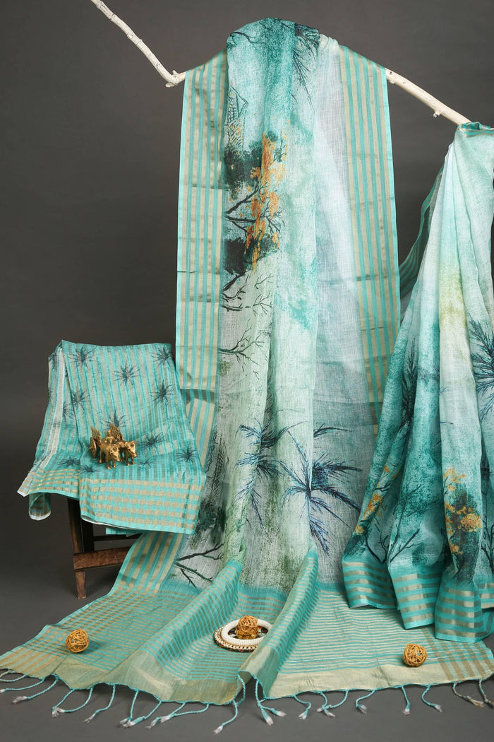 Wonderful Sky Blue Colored Cotton Linen Designer Printed Saree
