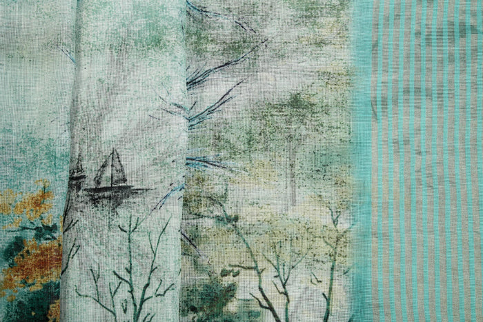 Wonderful Sky Blue Colored Cotton Linen Designer Printed Saree