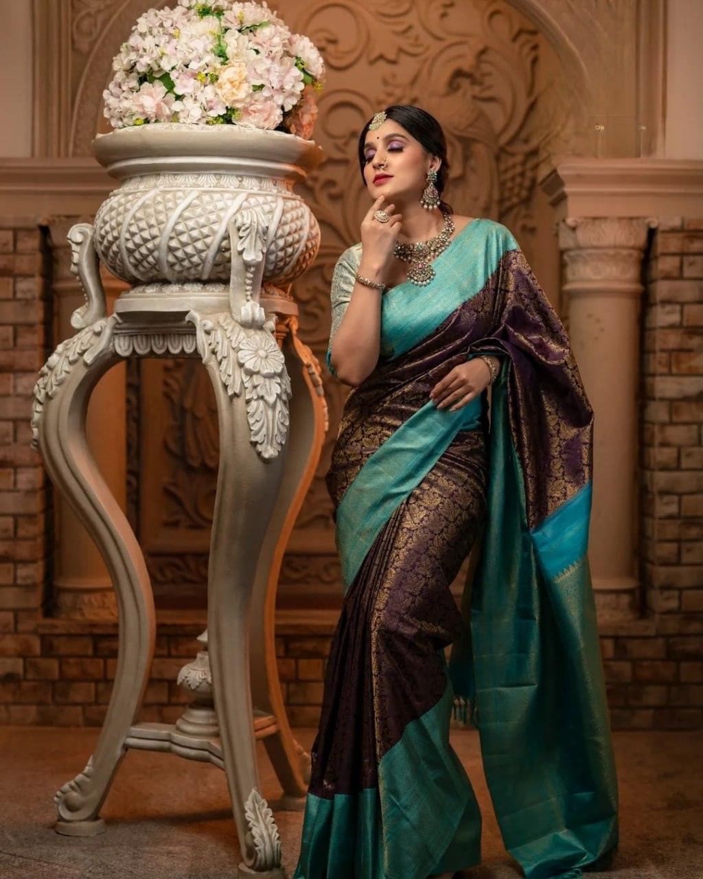 Woven Zari Broad Border Silk Teal Blue Saree - Ibis Fab