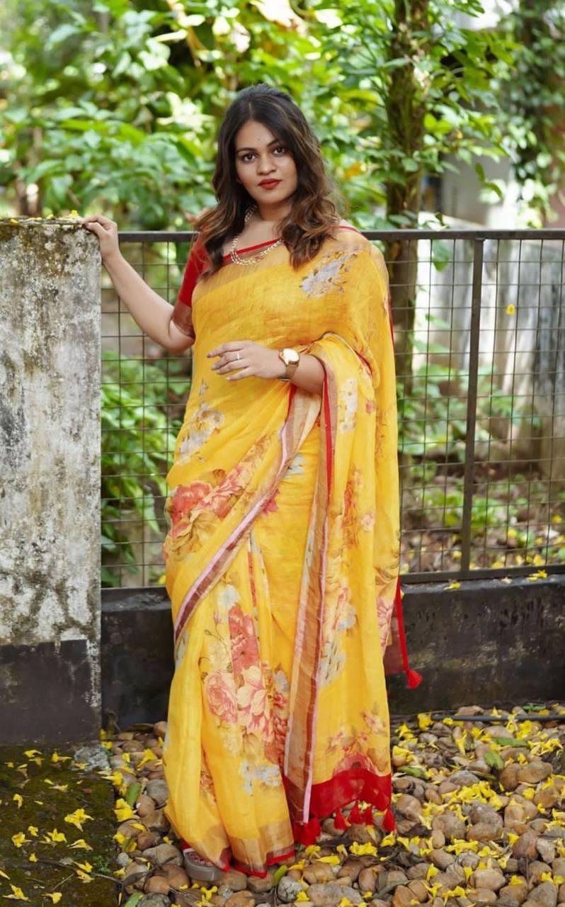 Yellow Color Digital Printed Linen Saree - Ibis Fab