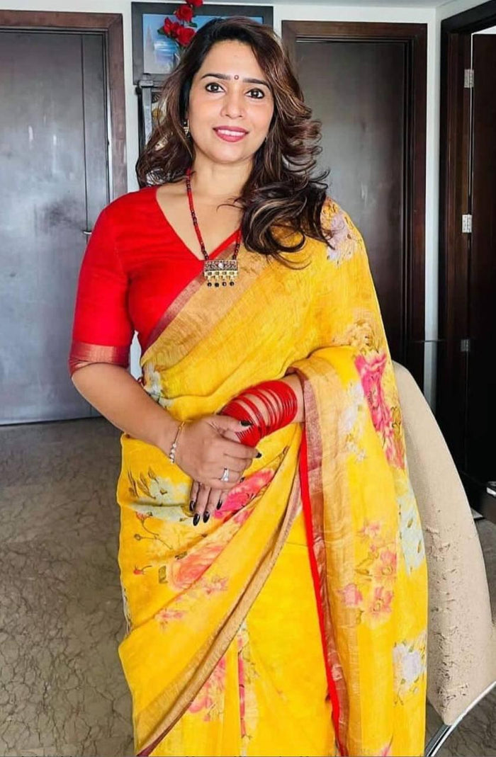 Yellow Color Digital Printed Linen Saree