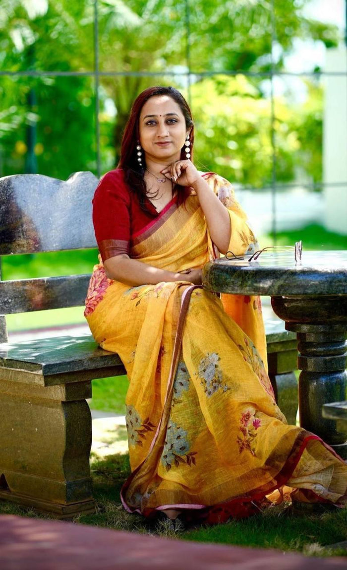 Yellow Color Digital Printed Linen Saree