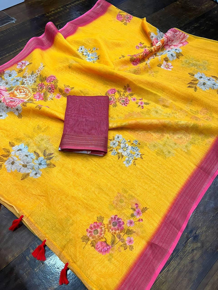 Yellow Color Digital Printed Linen Saree