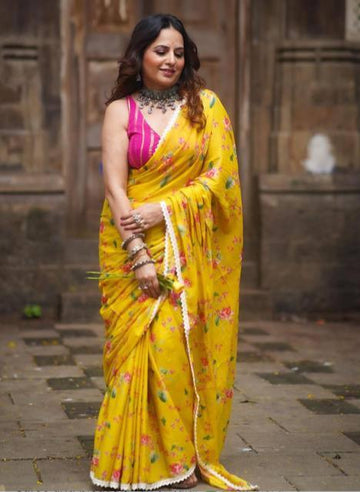 Yellow Color Saree With Un-stitched Blouse