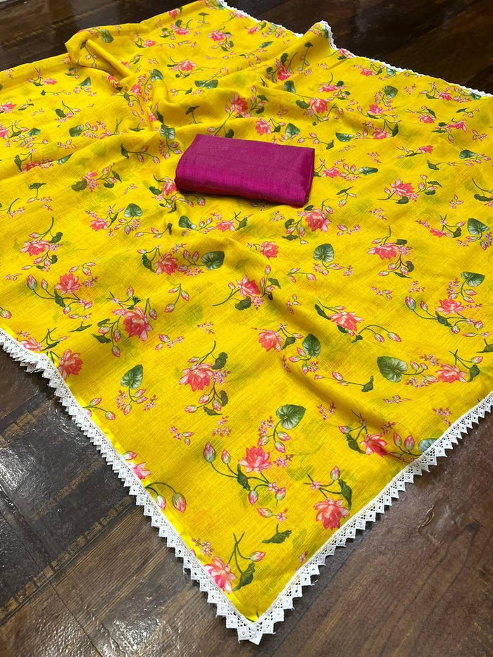 Yellow Color Saree With Un-stitched Blouse