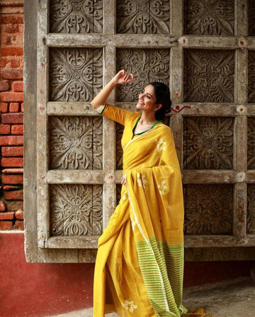 Yellow Digital Printed Linen Saree