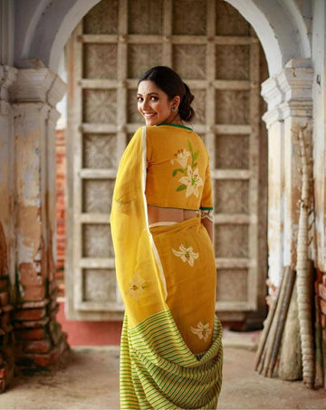 Yellow Digital Printed Linen Saree