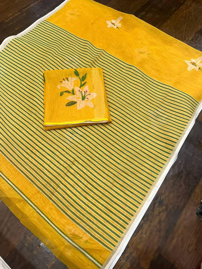 Yellow Digital Printed Linen Saree