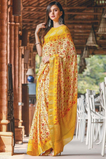 Stylish Yellow colored Linen Designer Printed Saree