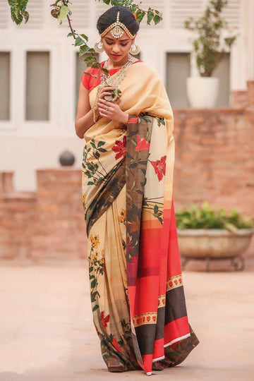 Glorious Beige colored Linen Designer Printed Saree