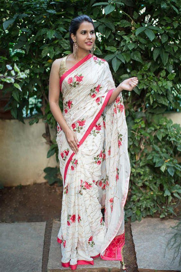 Beautiful White Linen Designer Printed Saree