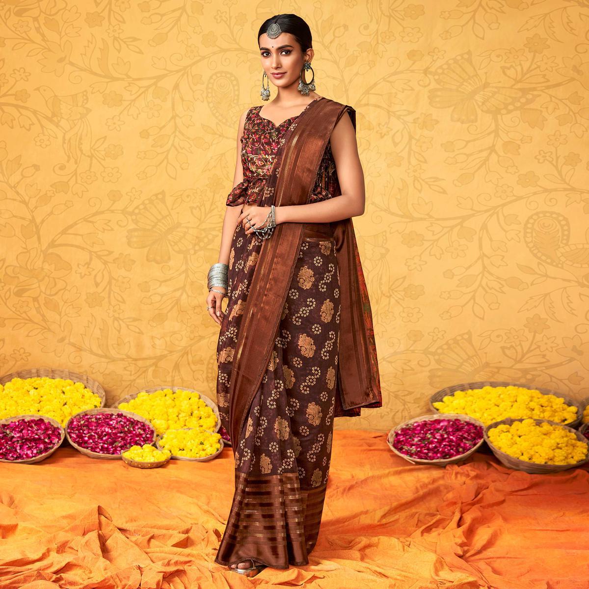 pure silk Classy brown Colour Saree, Shining Party Wear - Ibis Fab