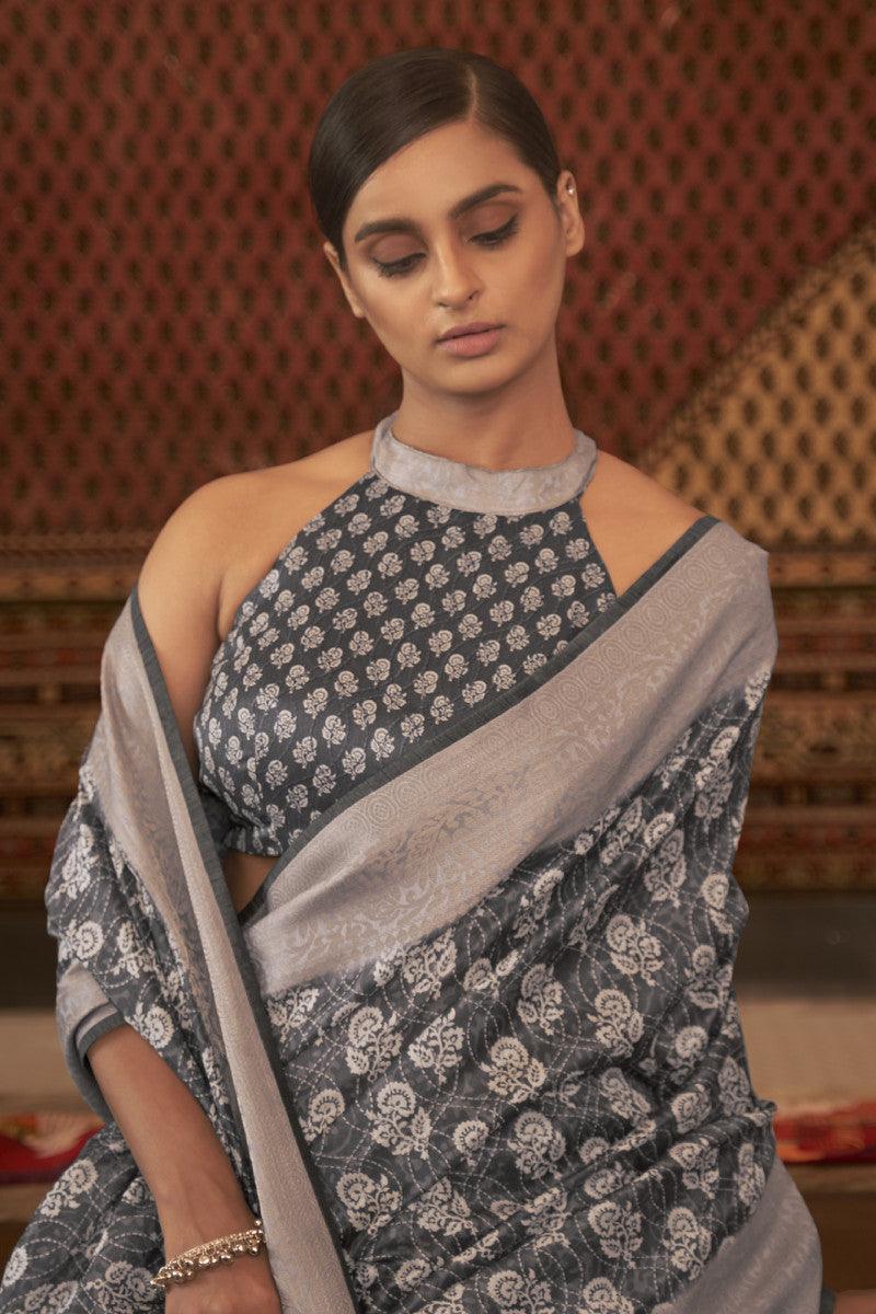 Adorable Silk Classy Grey Color Saree, Shining Party Wear - Ibis Fab