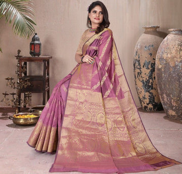 Organza Pink Silk Saree With Antique Real Zari With Attractive Rich Pallu Saree