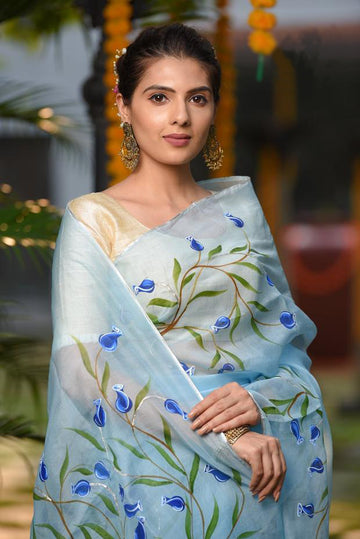 Demanding Women's SkyBlue Colour Pure Linen Saree With Blouse Piece