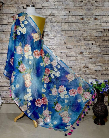 Charming Blue Floral Print Digital Linen Dupatta_