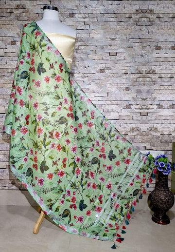 Lovely Green Floral Print Digital Linen Dupatta_