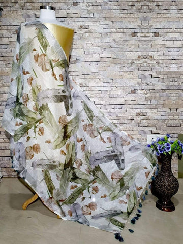 Lovely White Base Feather Design Digital Linen Dupatta_