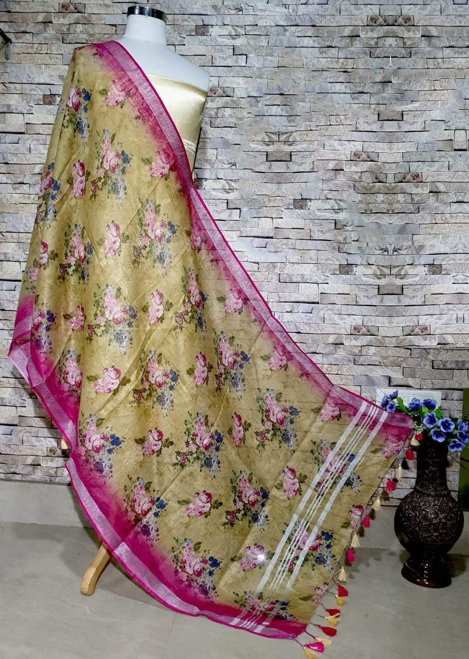 Mustard Yellow And Dark Pink Floral Print Digital Linen Dupatta_ - Ibis Fab