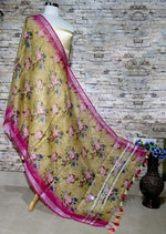 Mustard Yellow And Dark Pink Floral Print Digital Linen Dupatta_ - Ibis Fab
