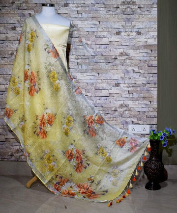 Pleasing Yellow Floral Print Digital Linen Dupatta_